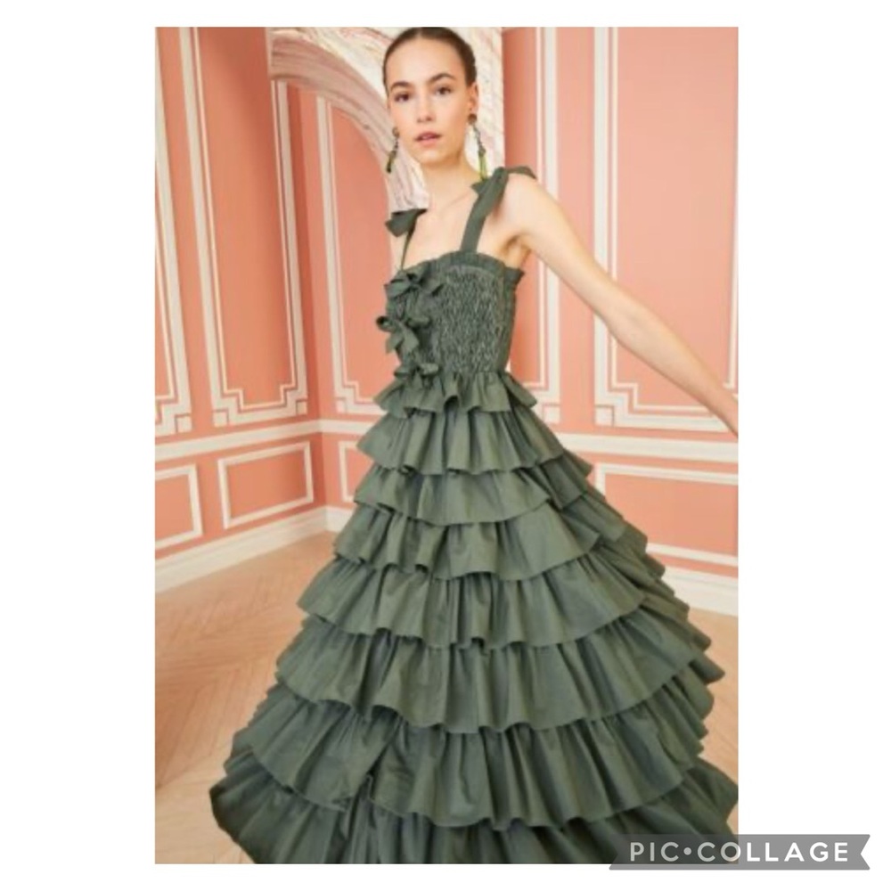 Ulla Johnson Olive Green Tiered Ruffle Midi Dress